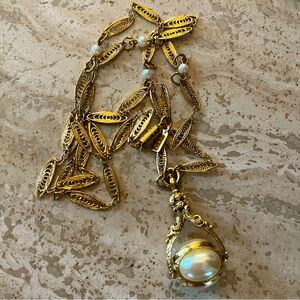 VTG 1928 Three-Sided Faux Pearl Necklace with Intricate Cage Design